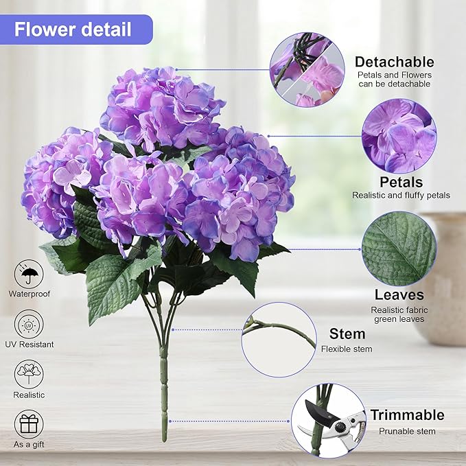 Ivydale Artificial Flowers for Outdoors, 4 PCS Purple Fuchsia Fake Silk Hydrangea Flower Stems for Bouquets UV Resistant Realistic Faux Plants Home Outdoor Wedding Party Centerpieces Decor