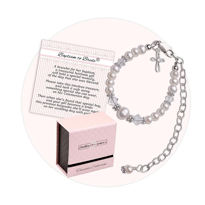 Cherished Moments Baptism to Bride Cross Bracelet Gift for Girls in 925 Sterling Silver and Cultured Pearl