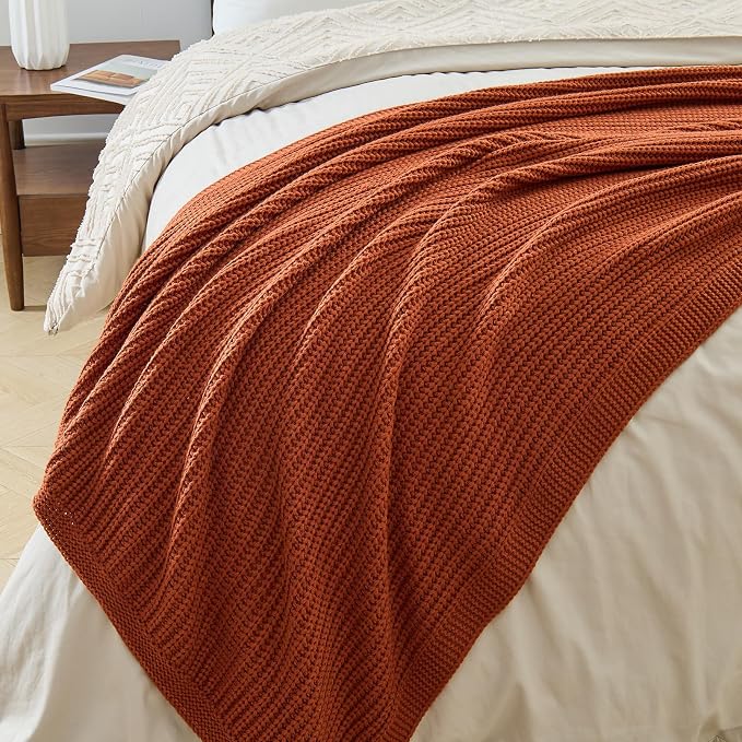 Chunky Knit Rust Orange Throw Blanket 60"x80" Soft Cozy Lightweight Knitted Blanket for Couch Sofa Bed, Cute Decorative Spring Throw for Living Room