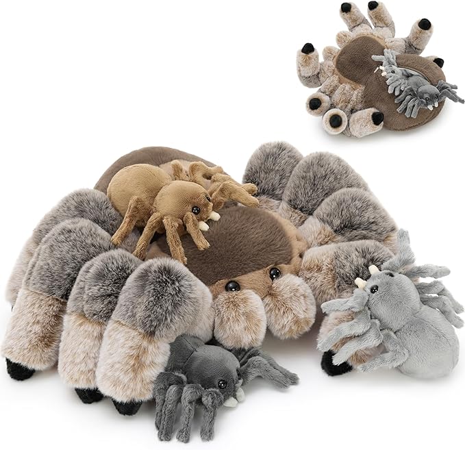 MorisMos 4Pcs Large Spider Plush, 16 Inch Mommy Spider Stuffed Animals with 3 Babies, Soft Cuddly Pillow Plush Gifts for Kids Boys Girls, Brown