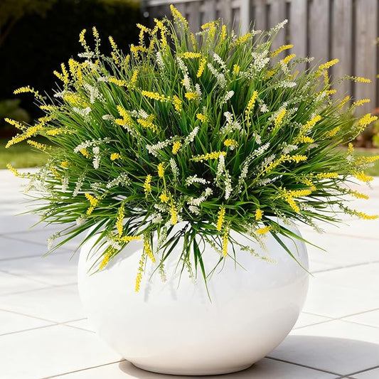 Ammyoo Artificial Faux Plants for Outdoor Spring Decoration, 12 Pcs Fake Monkey Grass for Garden Porch Balcony Planters, Fake Flowers Shrubs UV Resistant No Fade Plants Greenery Bush(Yellow White)