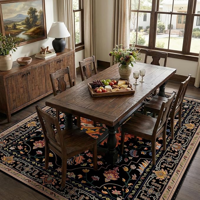 RELEANY Area Rugs 7'x10' Washable Non-Slip, Floral Vintage Distress Print Pattern Medallion Carpet for Living Room Bedroom Dining Room, Black Colorful Floral Dark Tan