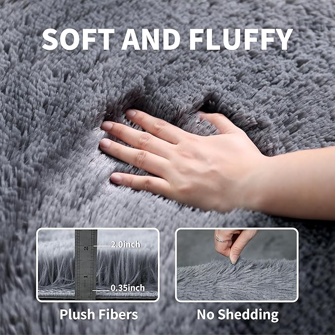 KICHOWUA 4x6 Grey Fluffy Shag Rug for Bedroom, Soft Plush Fuzzy Washable Non Slip Carpet for Living Room, Gray Modern Floor Cozy Furry Shaggy Throw Area Rugs for Kids Boys Baby Nursery Dorm Room