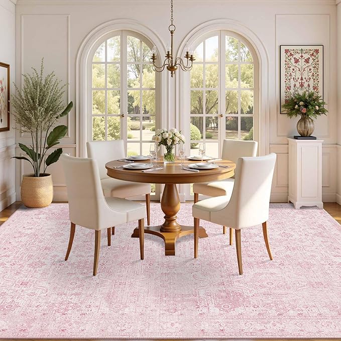 Rugxara Pink Rug for Living Room Bedroom, 5x7 Area Rugs Washable Vintage Floral Retro Boho Non Slip & Low Pile Nursery Carpet for Indoor Girls Kids Room, Classroom, Dorm, Playroom and Dining Room