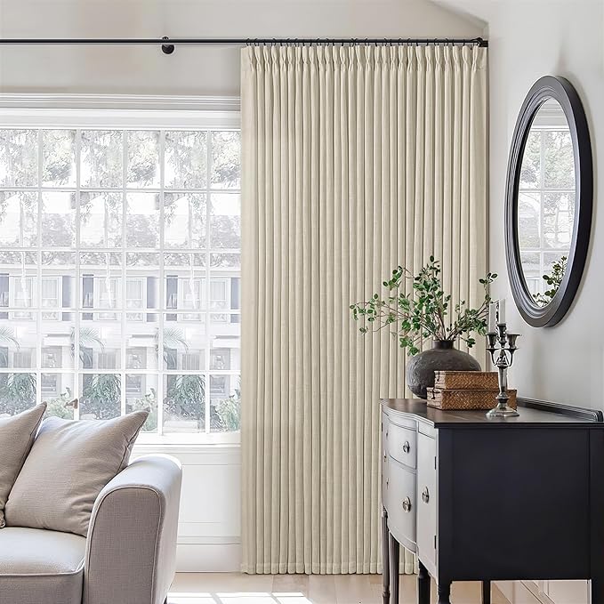 TWODRAPES 108 Inch Linen Curtains 2 Panels Set Pinch Pleated Living Room Bedroom Memory Training Shaped Semi Sheer Neutral Beige Tan Flax Burlap Pleat Drapes Hooks Rings Light Filtering Window Curtain