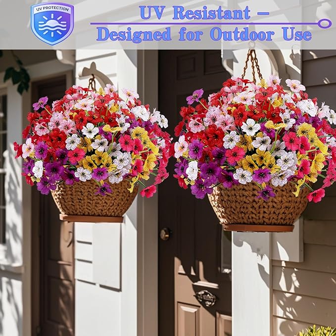Geegoods Artificial Mums Flowers for Outdoors, 12 Bundles UV Resistant Fake Plastic Colorful Mix Flowers for Patio Porch Spring Summer Decor