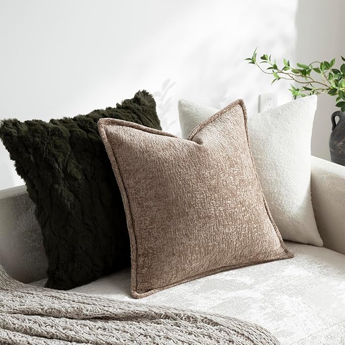 DEZENE Pack of 2 Khaki Decorative Throw Pillow Covers 22x22 Cozy Soft Chenille Accent Vintage Square Couch Pillow Covers for Home Decor Bed Sofa Living Room