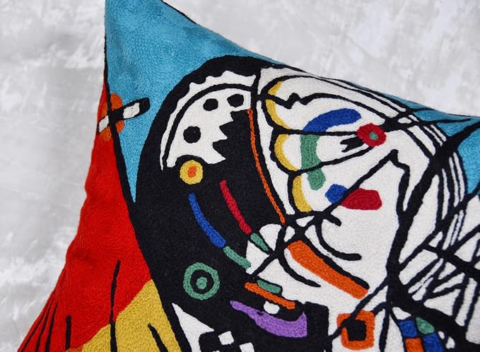 Kandinsky Balancement Decorative Pillow Cover Abstract Toss Pillows Farmhouse Chair Cushion Contemporary Pillow Mid-Century Chair Cushions Hand Embroidered Pillow Wool Size 18x18