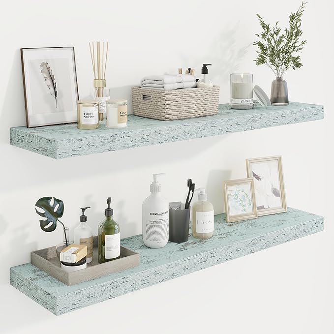40in Floating Shelves for Wall, 40"W x 9.25"D x 1.25"H, 2 Pack Long Wall Mounted Engineered Wood Shelves with Invisible Brackets for Living Room, Bedroom, Bathroom, Kitchen Decor and Storage, Blue