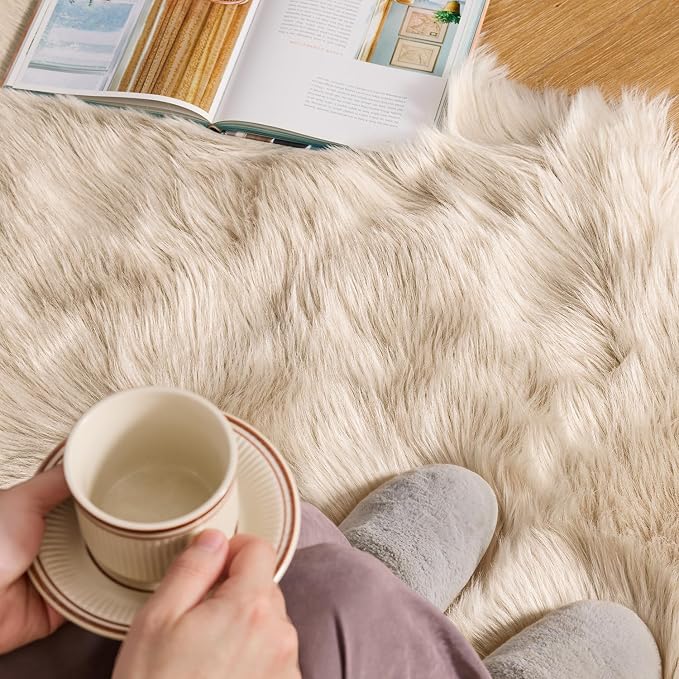 MIULEE Luxury Super Soft Fluffy Area Rug Faux Fur Sheepskin Rug Decorative Plush Shaggy Carpet for Bedside Sofa Floor 2 x 6 Feet, Beige