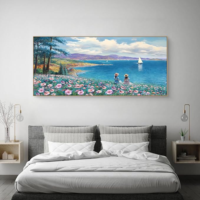 XLSJERST Framed Wall Art for Living Room - Extra Large 70x31 Inches Rustic style Seascape Canvas Picture Pink Flower Tree Sailboat Mountain Wall Decor for Bedroom Office Home Decoration