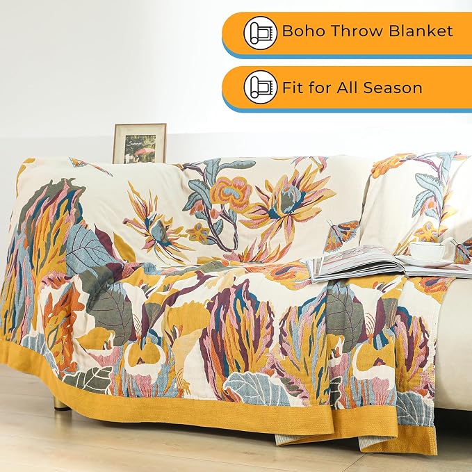 Boho Throw Blanket for Bed,100% Cotton Breathable Muslin Soft Throw, Fall Bed Throw Blanket Floral Bird Butterfly Printed Decor Large Blankets,80"×90" Rustic Farmhouse Throw for Sofa Couch Chair