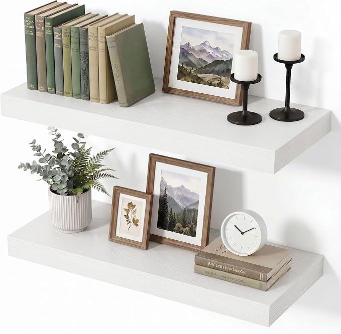 Vivelove Wall Floating Shelves for Display with Invisible Brackets,16 Inch Floating Shelf for Bathroom Bedroom Living Room Kitchen Office, 16" X 8" X 1.4", Set of 2 - White