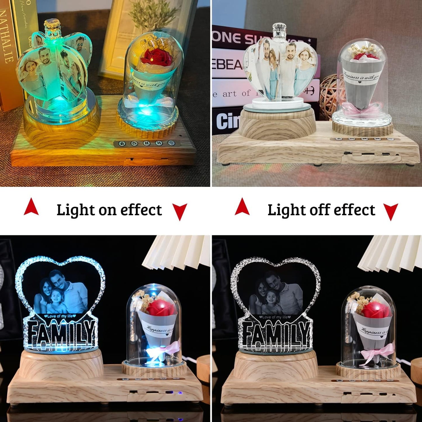 3D Crystal Photo, Personalized 4 Photos-Color Print Picture, Crystal Night Light Family Baby Mother Lover Daddy Day Gift, Rotating Windmill Rose Ornament lamp