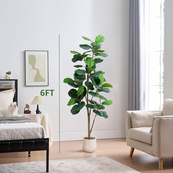 Artificial Fiddle Leaf Fig Tree 6FT, 72 Inch Tall Faux Ficus Lyrata Fake Floor Plant with White Planter & Pebbles, Large Realistic Fig Tree for Indoor Home Office Living Room Decor