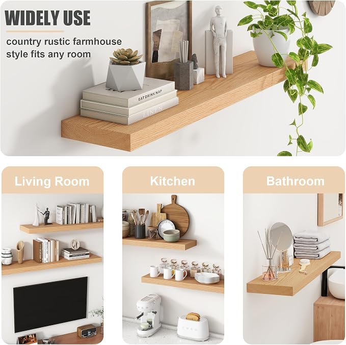 FLYJOE Floating Shelves for Wall, USA-Sourced Oak Wood 36 Inch Long Wall Shelves Set of 2, Natural Wooden Wall Mounted Picture Ledge Shelf, Nursery Book Storage Shelf Kids Bookshelf, Display Shelf