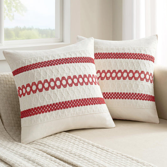 MIULEE Set of 2 Christmas Red Boho Decorative Pillow Covers 18x18 Inch Farmhouse Rustic Couch Throw Pillows Modern Cotton Cushion Covers Retro Cute Macrame Woven Home Decor for Bed Sofa Chair
