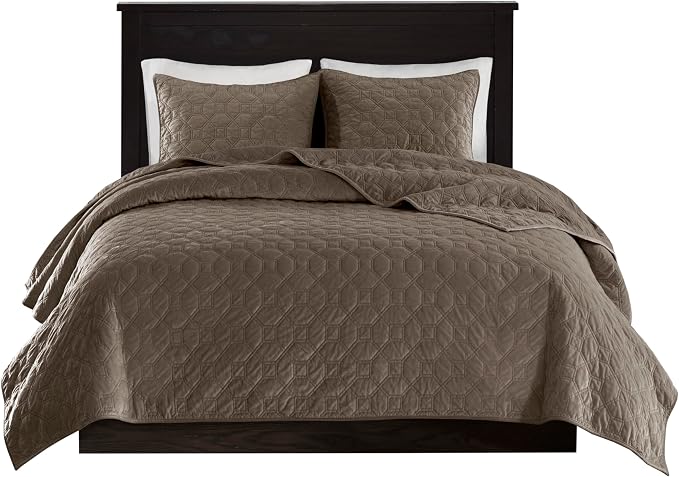 Madison Park Harper Quilt Set Velvet Casual Geometric Stitching Design All Season, Lightweight Coverlet, Cozy Bedding, Matching Shams, Full/Queen(90"x90"), Taupe 3 Piece