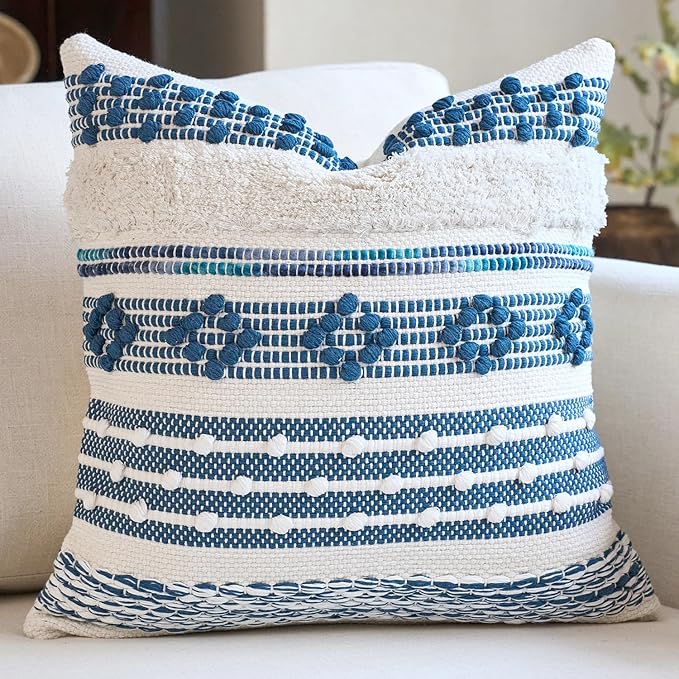DEZENE Handmade Decorative Pillow Cover Boho Accent Woven Textured Square Throw Pillow Case for Couch Sofa Farmhouse Living Room Home Decor 18"x18" Navy Blue