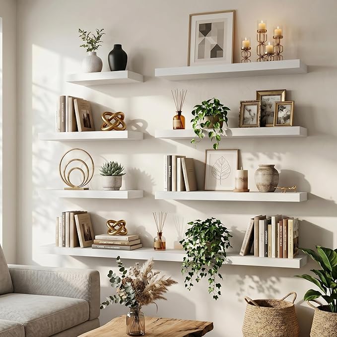 72 Inch Floating Shelves for Wall, 8"D Wood Storage Shelves, White Finish | Engineered Wood, Invisible Bracket, Large Storage, Easy Install, Hold Up to 99lbs, Living Room, Bathroom, Bedroom, Kitchen