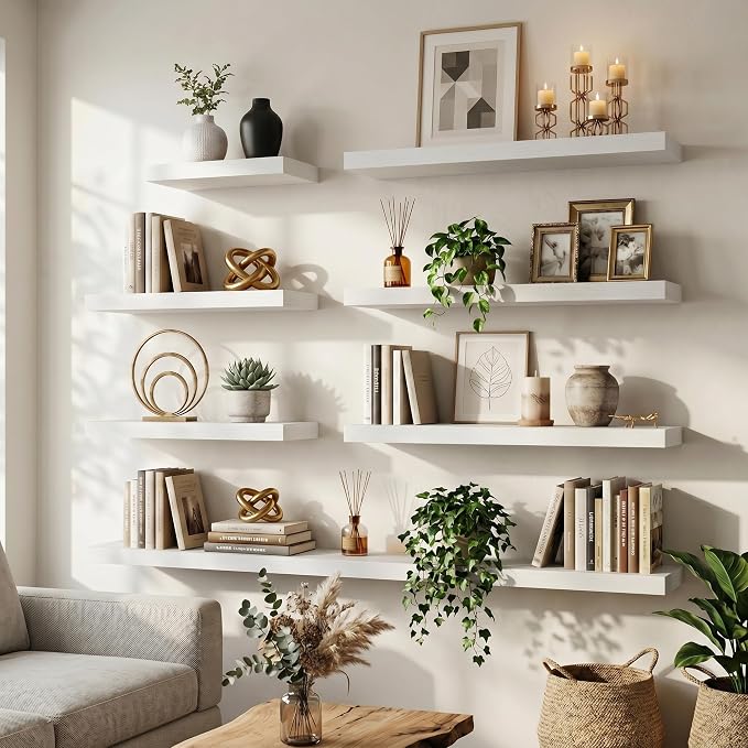 72 Inch Floating Shelves for Wall, 8"D Wood Storage Shelves, White Finish | Engineered Wood, Invisible Bracket, Large Storage, Easy Install, Hold Up to 99lbs, Living Room, Bathroom, Bedroom, Kitchen