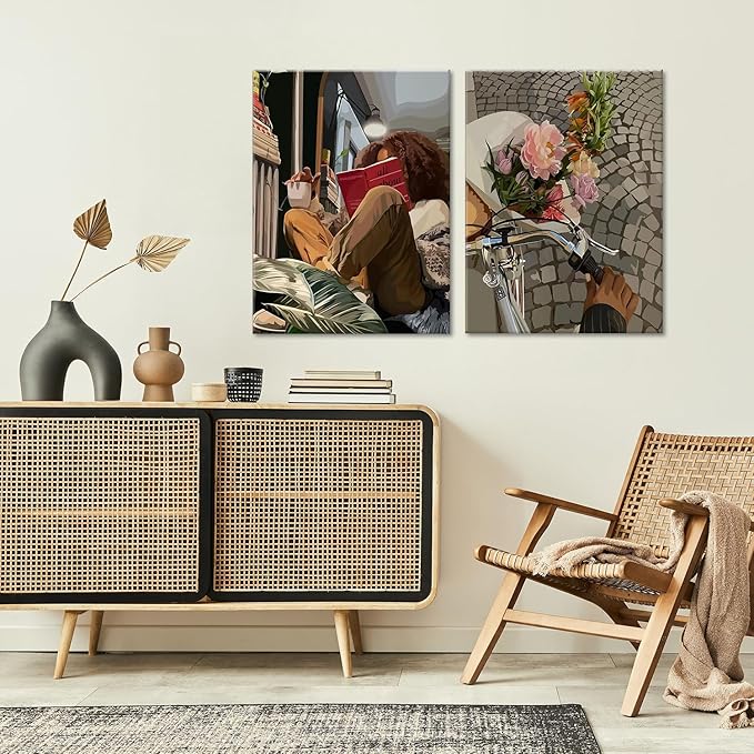 Modern African American Women Wall Art Set of 2,Cozy Reading & Bike Ride with Flowers Painting Canvas Prints,black woman Vintage Aesthetic Poster for Living Room, Bedroom, Office， Framed 12X16in