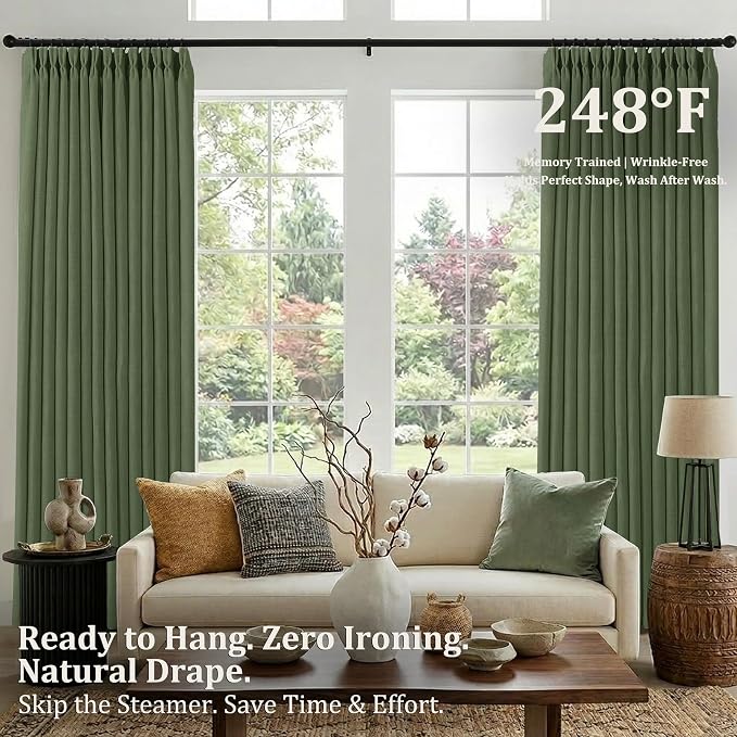 Pinch Pleated Linen Curtains 90 Inch, 2 Panels Premium 400GSM Memory Trained Semi Sheer Light Filtering Window Drapes for Living Room Bedroom Dining, Back Tab & Adjustable Hooks Rings, Olive Green