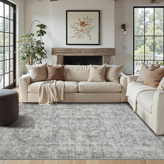 Rugxara 4x6 Area Rugs for Living Room Bedroom, Large Washable Rug, Grey Vintage Abstract Boho Rug, Non Slip & Low Pile Wool Carpet for Indoor Dining Room, Farmhouse, Kids Room and Office(Grey 4x6ft)