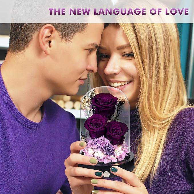 Flowers Gifts for Women, Preserved Roses in Glass Dome, Forever Flowers for Delivery Mothers Day Birthday Gifts for Mom Her Wife Girlfriend on Valentines Day Anniversary Purple