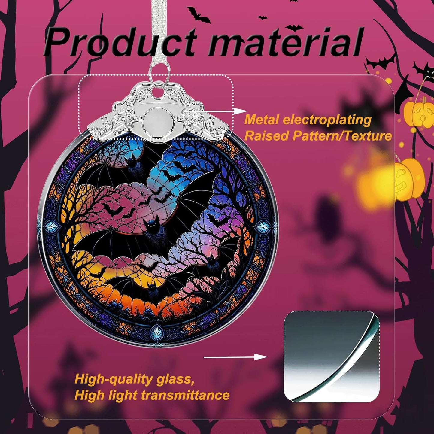 Bat Under Moonlight Halloween Christmas Tree Ornament Glass- Hanging Ornaments for Christmas Tree Decorations - Holiday Keepsake Present Exchange Idea