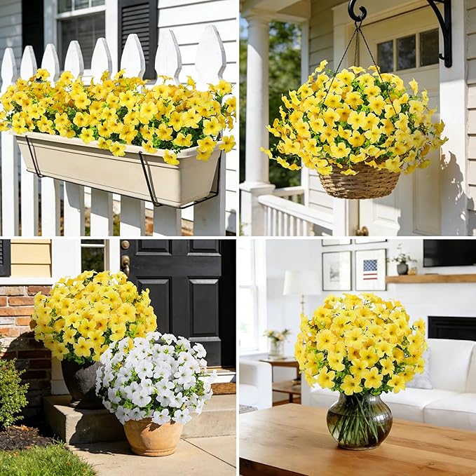 20 Bundles Artificial Petunias Flowers for Outdoors, Faux Silk Flowers UV Resistant Realistic Fake Plants for Outside Planters Porch Patio Yard Garden Spring Summer Home Decor, Yellow