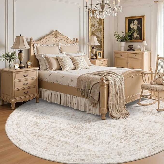 Round Area Rug for Living Room: 8 ft Washable Vintage Boho Soft Thin Circle Rug Indoor Floor No Slip Stain Resistant Carpet for Bedroom Dining Room Farmhouse Nursery Home Office -Beige Brown
