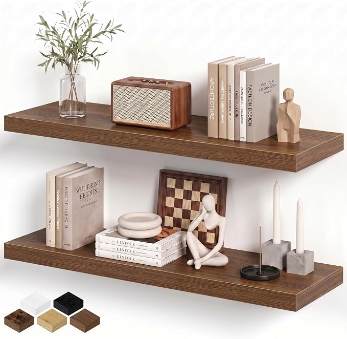 Fun Memories Floating Shelves for Wall, 32W x 8D Floating Wall Shelves with Invisible Brackets Set of 2, Hanging Rustic Wood Shelf Decoration for Bedroom, Bathroom, Living Room and Kitchen, Walnut