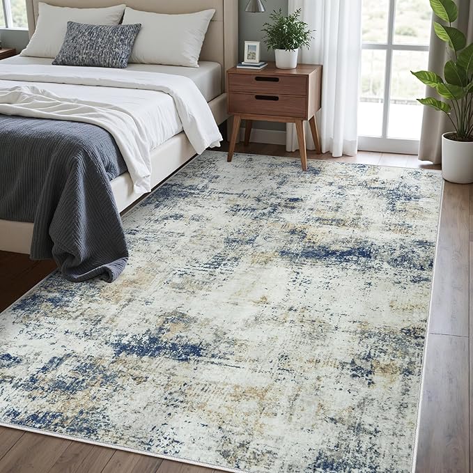 Area Rug Living Room Rugs: 5x7 Washable Rug with Anti-Slip Backing Non-Shedding Stain-Resistant Foldable Modern Abstract Carpet for Bedroom Dining Room Nursery Hallway Home Office Blue Brown