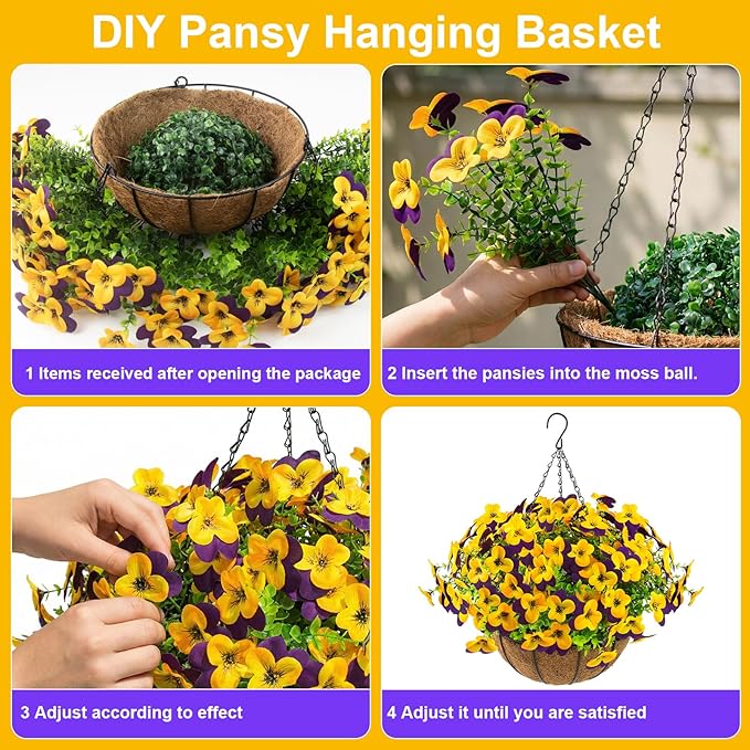 lovemoon 2 Set Artificial Outdoor Pansies Flowers with Hanging Baskets, 2 Hanging Planters with 24 Pcs Silk Pansy Flowers for Spring Easter Decorations Porch Patio Home Decor (2, Purple, Yellow)
