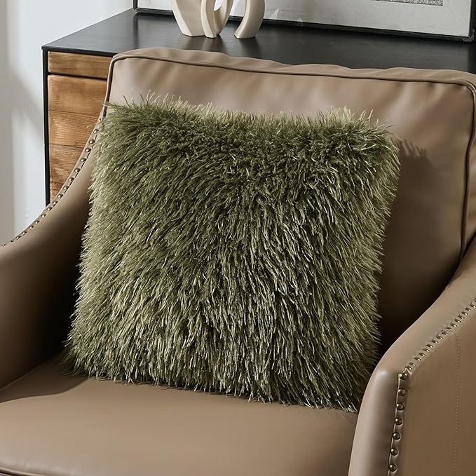 FUTEI Pack of 2 Shaggy Mongolian Faux Wool Throw Pillow Covers 18x18 Inch Soft Decorative Cushion Case for Couch Bed Living Room, Olive Green