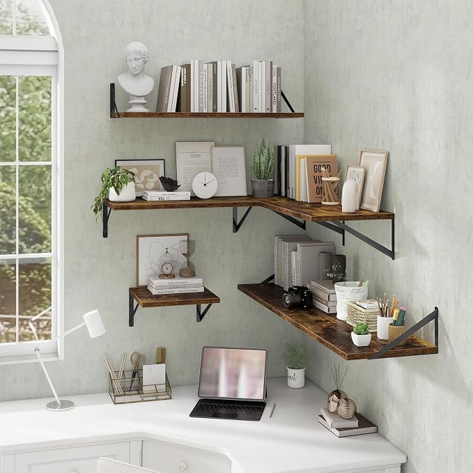 Acovy Deep Floating Shelves Wall Mounted, 36"x12" Brown Wood Shelves with Brackets Set of 2 for Bedroom, Living Room, Bathroom, Kitchen, Office - Storage & Display Shelf for Decor, Books, Plants