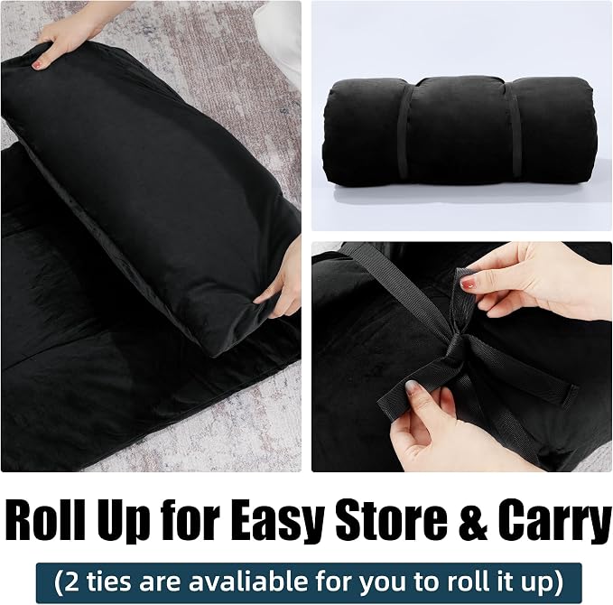 HOMBYS Floor Lounger Pillow Foldable and Tufted Design Long Floor Cushion for Yoga, Reading, Sleeping, Meditation, Elastic Band for Roll Up and Easy Storage, Machine Washable, Black, 74"x27"