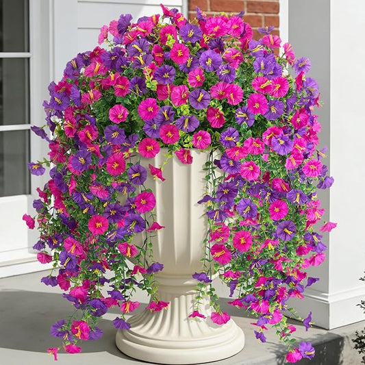 Fake Artificial Hanging Morning Glory Flowers for Outdoor Planters Porch Pation Decoration,2 Bundles UV Resistant Silk Faux Flowers with Realistic Eucalyptus Plants for Home Office Garden Decor