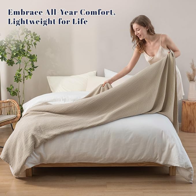 PHF 100% Cotton Muslin Blanket Queen Size 90"x90", 4-Layer Lightweight Gauze Throw, Breathable Cloud-Soft Minimalist Blanket for Bed, Couch, Camping & Baby, Taupe, Ideal Gift