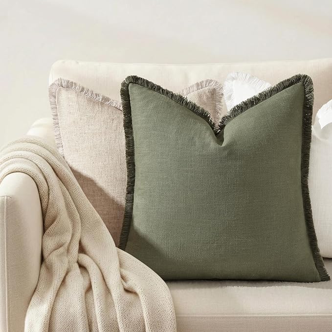 decorUhome Summer Decorative Neutral Linen Fringe Euro Sham Throw Pillow Covers Set of 2 Olive Green Pillow Covers with Tassels Soft Farmhouse Boho Accent Pillow Cases for Couch Bed Sofa 26x26 Inch