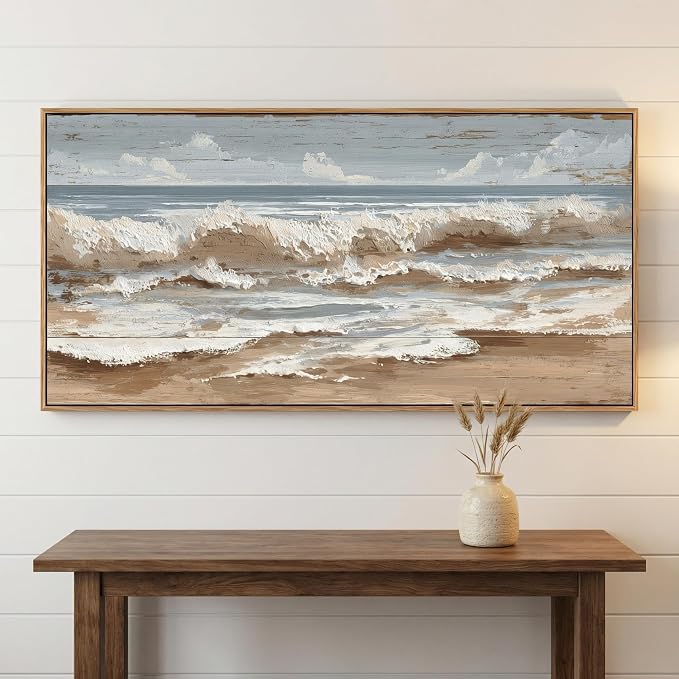 The Mode Art Ocean Wave Canvas Print Framed Beach Landscape Wall Decor Neutral Blue & Beige Artwork for Living Room Bedroom Sofa Fireplace 20x40inch