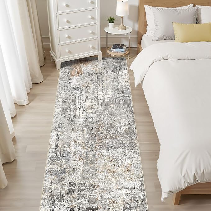 Runner Rug Kitchen Washable Rugs: 3x8 Non-Slip Abstract Soft Modern Stain Resistant Indoor Floor Neutral Accent Throw Carpet for Hallway Bathroom Laundry Room Entryway Bedroom- Gray Rust