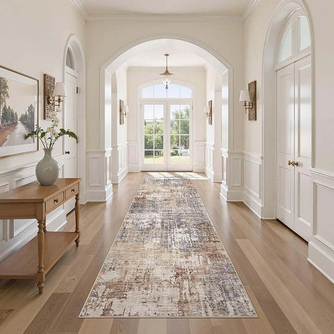 DMOYEST 3x10 Washable Runner Rug for Hallway: Soft Neutral Modern Abstract Low Pile Rug Indoor - Carpet for Bedroom Dining Room Kitchen Entryway - Grey Brown