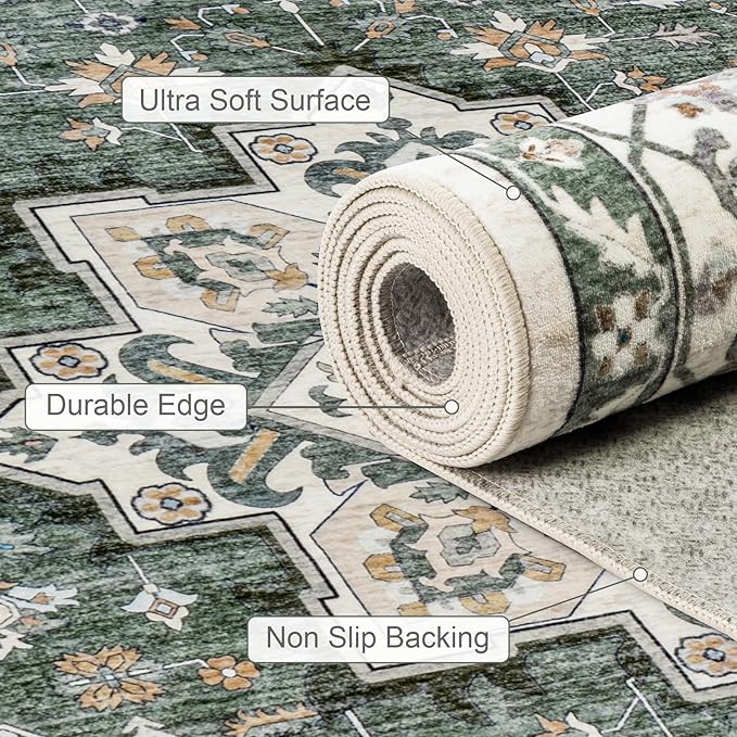 8x10 Area Rugs for Living Room: Washable Rug Soft Vintage Boho Medallion Carpet Indoor Non-Slip Stain Resistant Large Carpets for Bedroom Dining Room Farmhouse Nursery Home Office Green Ivory