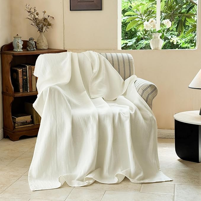 Simple&Opulence Linen Cotton Throw Blanket with Double Layered Folded Edge for Couch/Bed/Sofa/Gift, Natural Flax Solid Color Soft Breathable Cozy Farmhouse Home Décor - White, 50"x60"