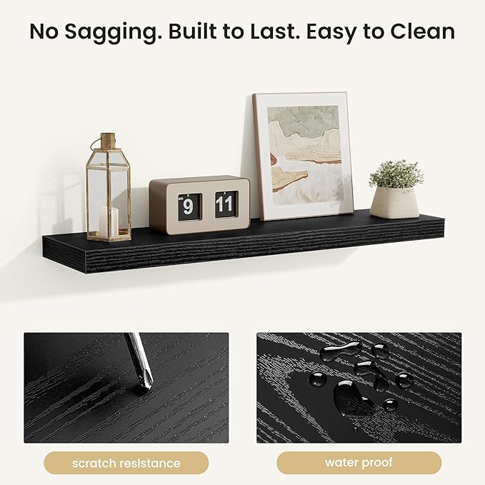 Fun Memories Floating Shelves for Wall, Rustic Wood Wall Mounted Shelves for Bathroom, Bedroom, Living Room & Kitchen, Storage Display Shelves, (Set of 2, Black, 32 in)