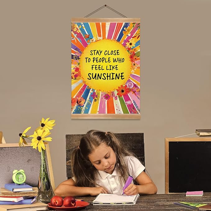 ZTGDA Inspirational Wall Art Posters,Sunshine Quote Canvas Print with Wooden Hanger,Rainbow Floral Boho Wall Decor,Positive Poster for Office,Teen Girls Room,Classroom,Nursery 12x16inch