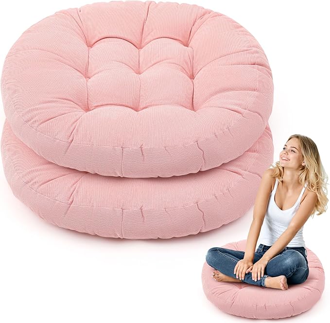 Jerify 2 Pcs Floor Pillow Cushions Large Round Square Large Meditation Floor Pillow for Classroom Adult Meditation Picnic Party Seating Learning Daycare School (Round,Bright Pink)