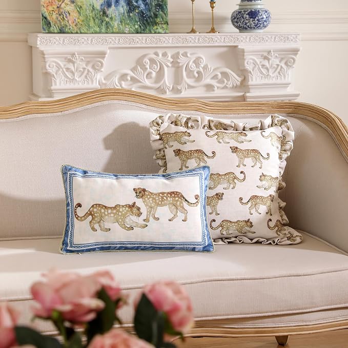 patdrea Designer French Vintage Linen Throw Pillow Cover,12"x20"-Fromm E | Elegant Decorative Pillow Case with Zipper,Leopard Pattern,Pillow Cover for Couch Living Room Bedroom Sofa